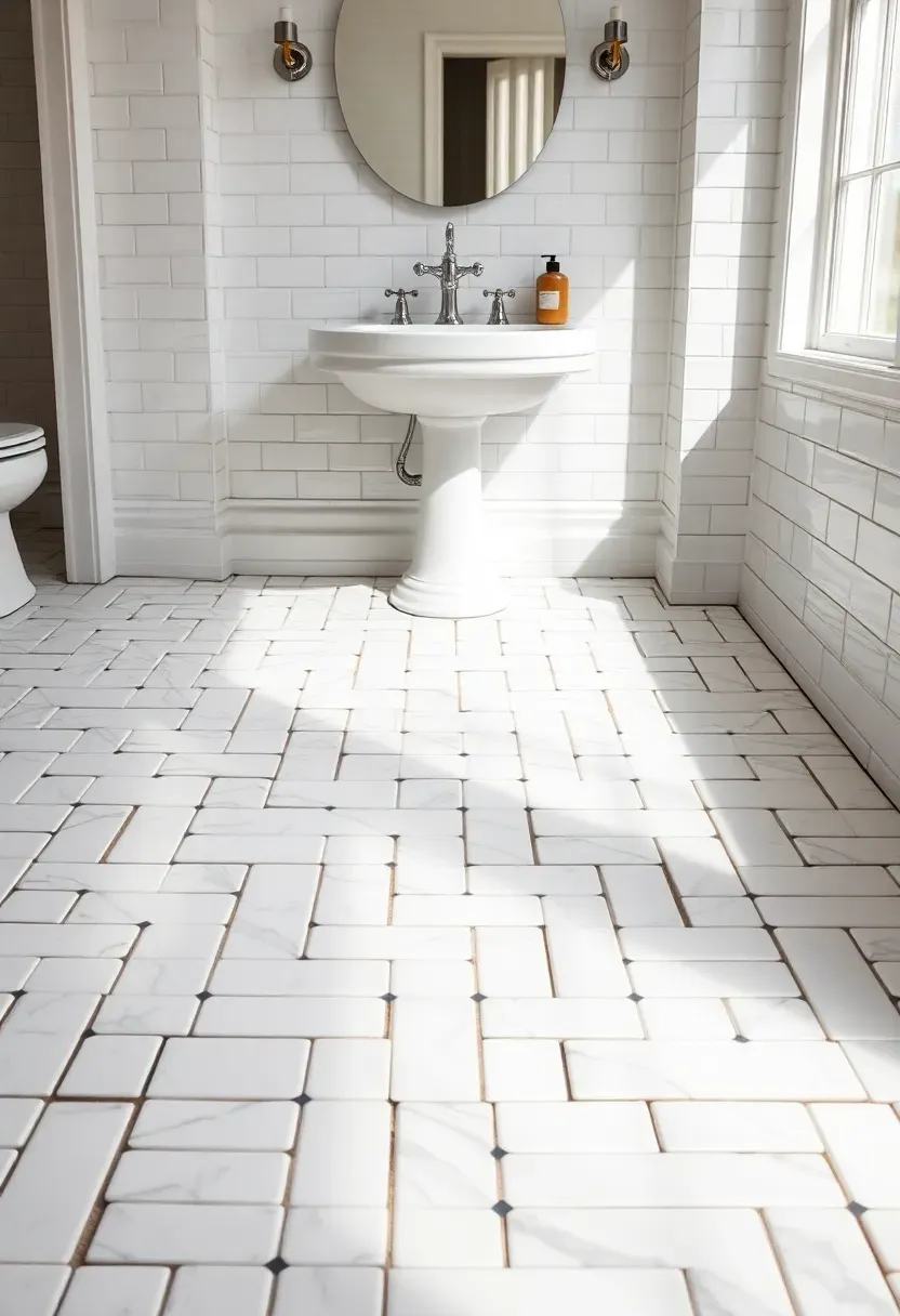 Basket weave marble mosaic tile pattern in Carrara white and grey dots on a classic bathroom floor