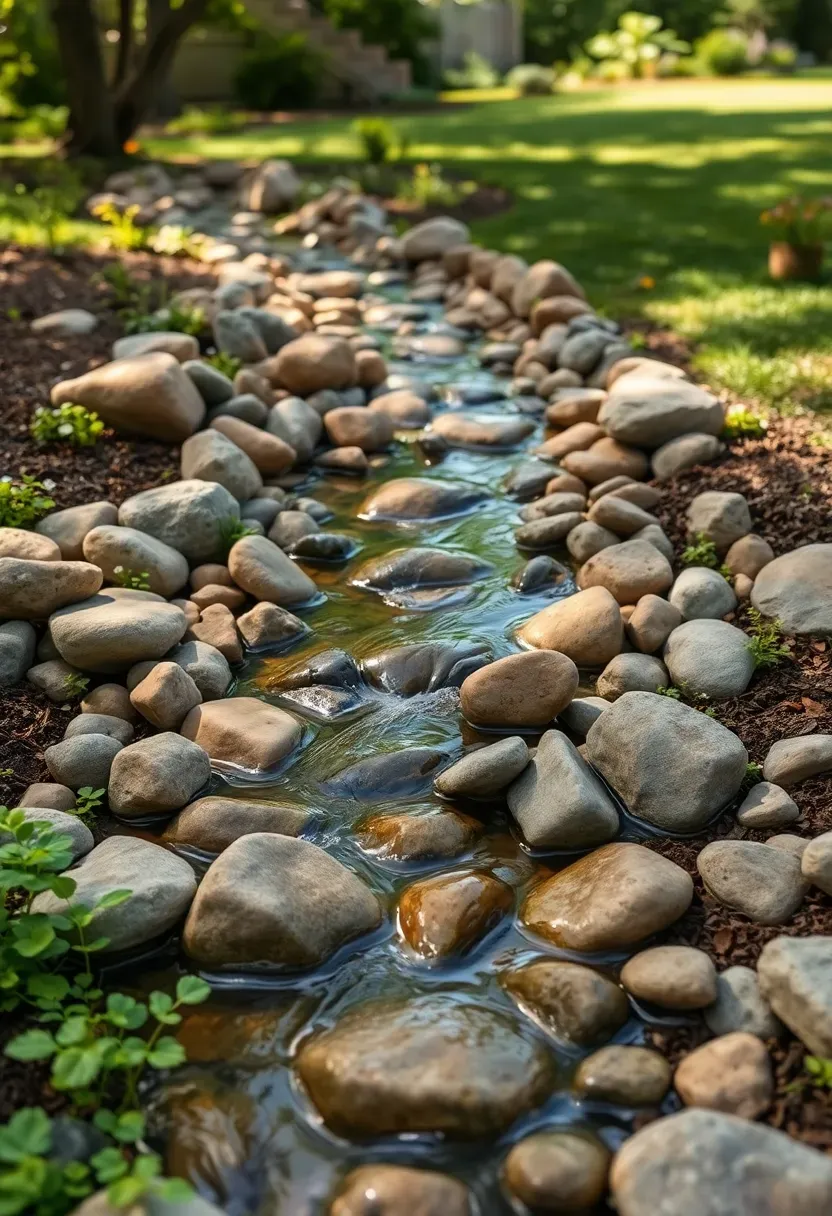 A recirculating garden stream lined with river rocks and aquatic plants winding through a backyard landscape