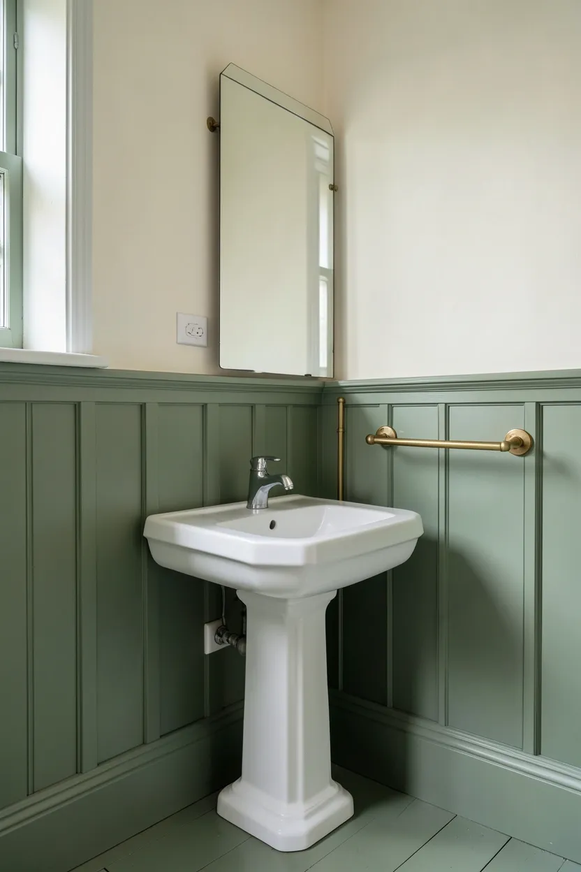 Hyper-realistic eye-level photograph of a traditional green bathroom with sage green wainscoting paneling on lower walls, cream paint on upper walls, white pedestal sink, chrome faucet, brass towel rail. Natural light. Materials: sage green painted wood paneling, plaster, white ceramic, brass. Elegant traditional green aesthetic. Architectural panel details. No text, no logos, no watermarks.</p>