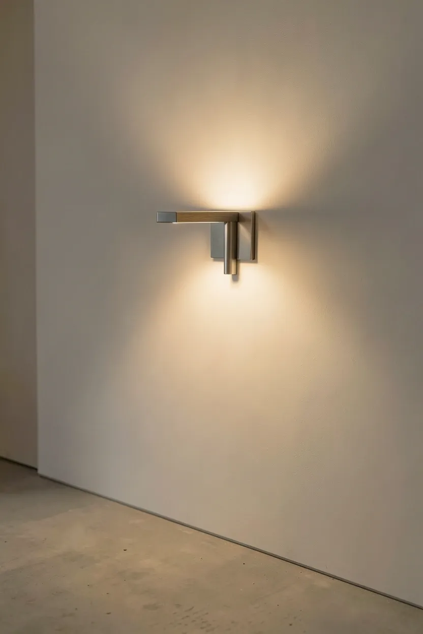 Brass swing-arm wall sconce mounted beside sofa in a small Nordic apartment living room, freeing up table space