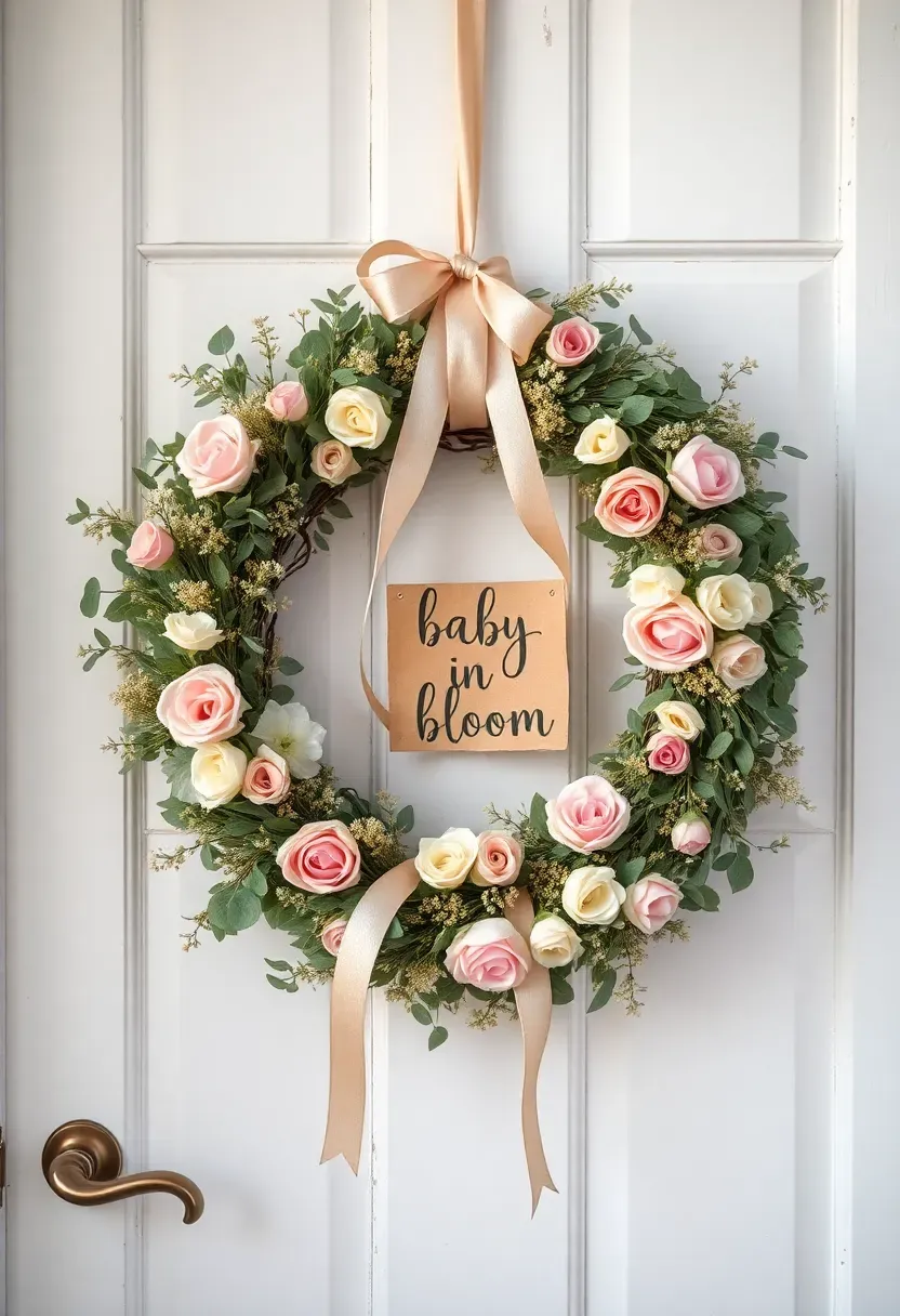 Eucalyptus and dried flower baby in bloom wreath with blush roses and sage ribbon on whitewashed door