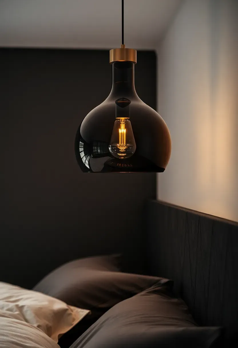 Smoked glass pendant over the nightstand