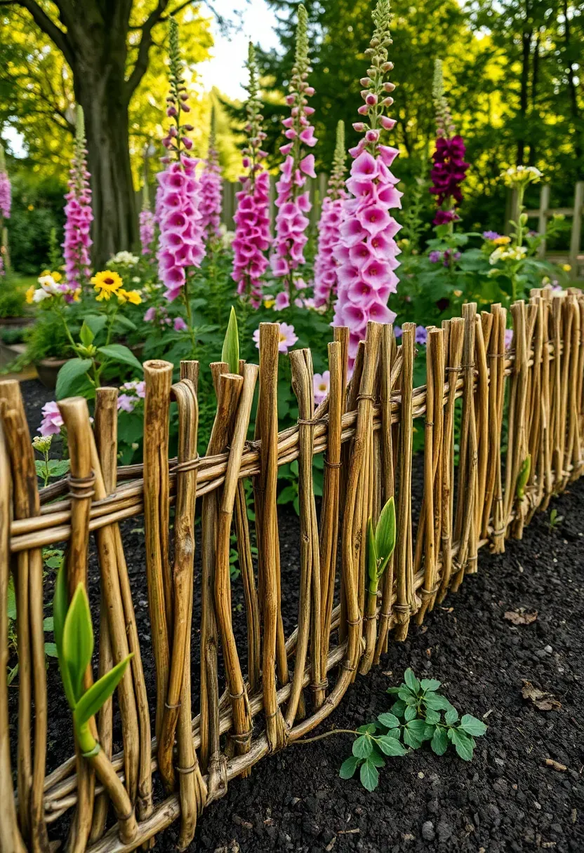 Rustic woven willow edge garden beds with living willow branches woven into low fencing around flower beds in an English country garden setting
