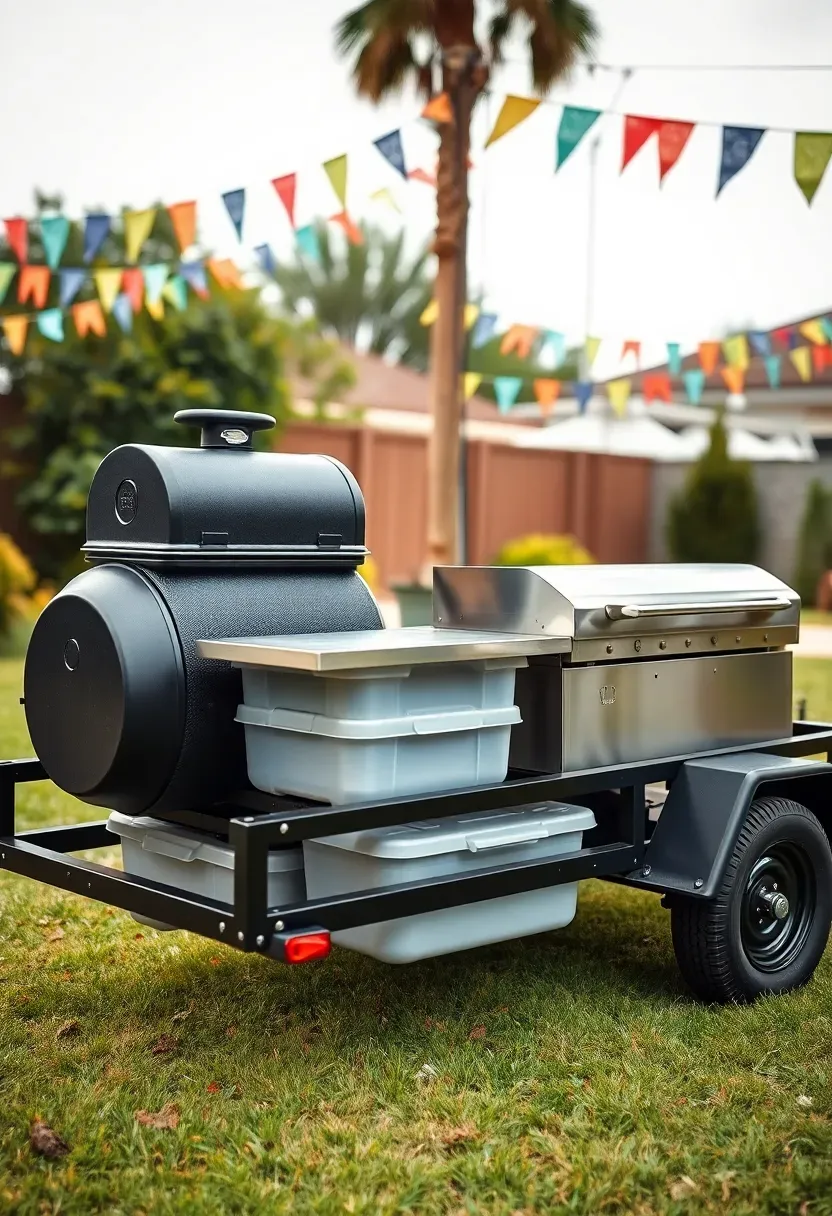 Custom mobile grill trailer with smoker, gas grill, prep surface, and storage bins, parked on grass in a backyard with party decorations in background