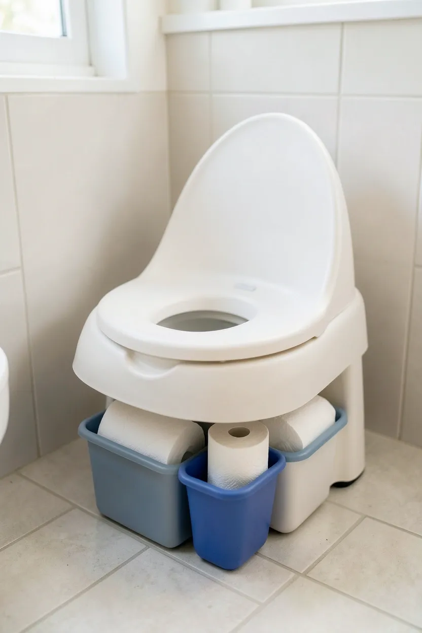 Compact white toddler potty chair with built-in side storage compartment for wipes and toilet paper in a tiny house bathroom corner