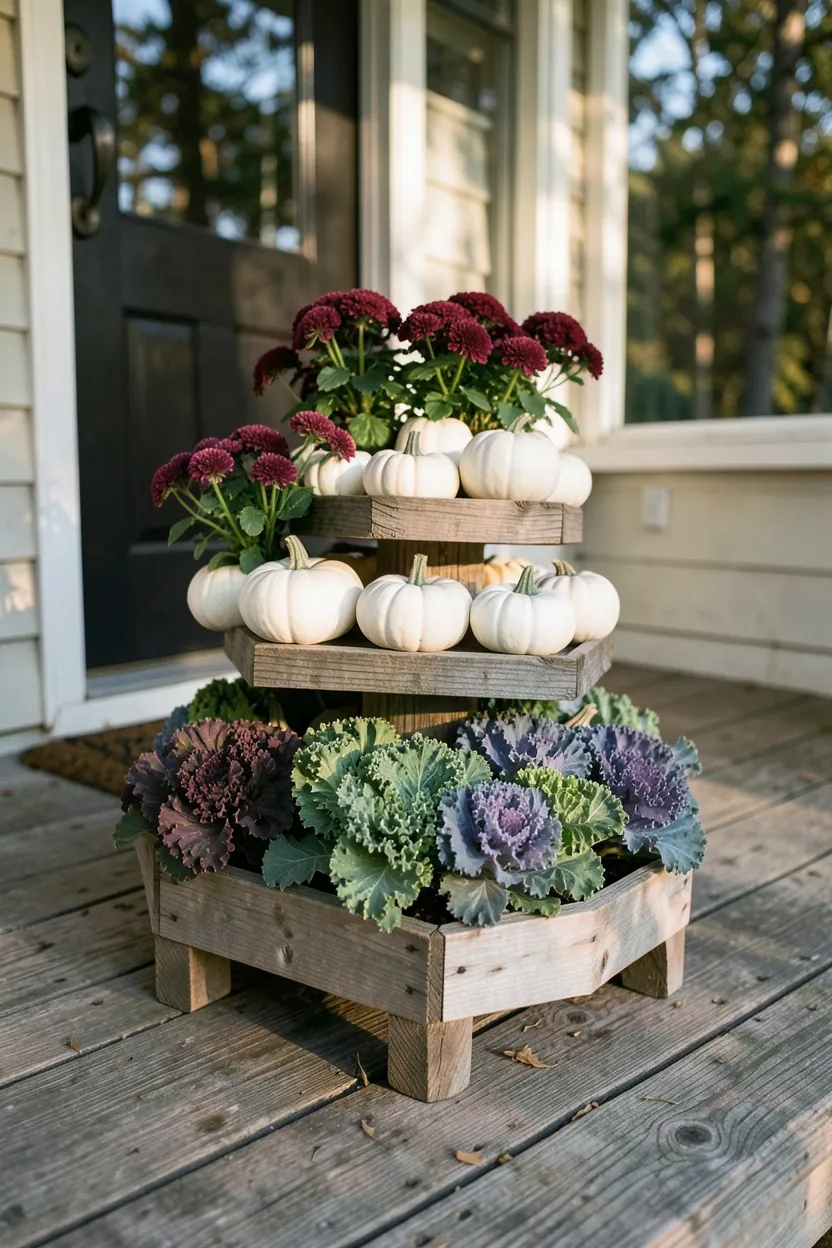 Hyper-realistic 3/4 view of a fall front porch featuring a three-tiered wooden plant stand filled with small white pumpkins, mini mums in burgundy, and ornamental kale in purple and green. Materials: weathered cedar plant stand, smooth pumpkin surfaces, mum blooms, ruffled kale leaves, weathered porch floorboards. Warm afternoon sunlight filtering through trees, soft shadows across the tiers. Abundant layered atmosphere. Shallow depth of field, sharp details on plant textures, balanced composition showing front door and porch steps. No text, no logos, no watermarks.</p>