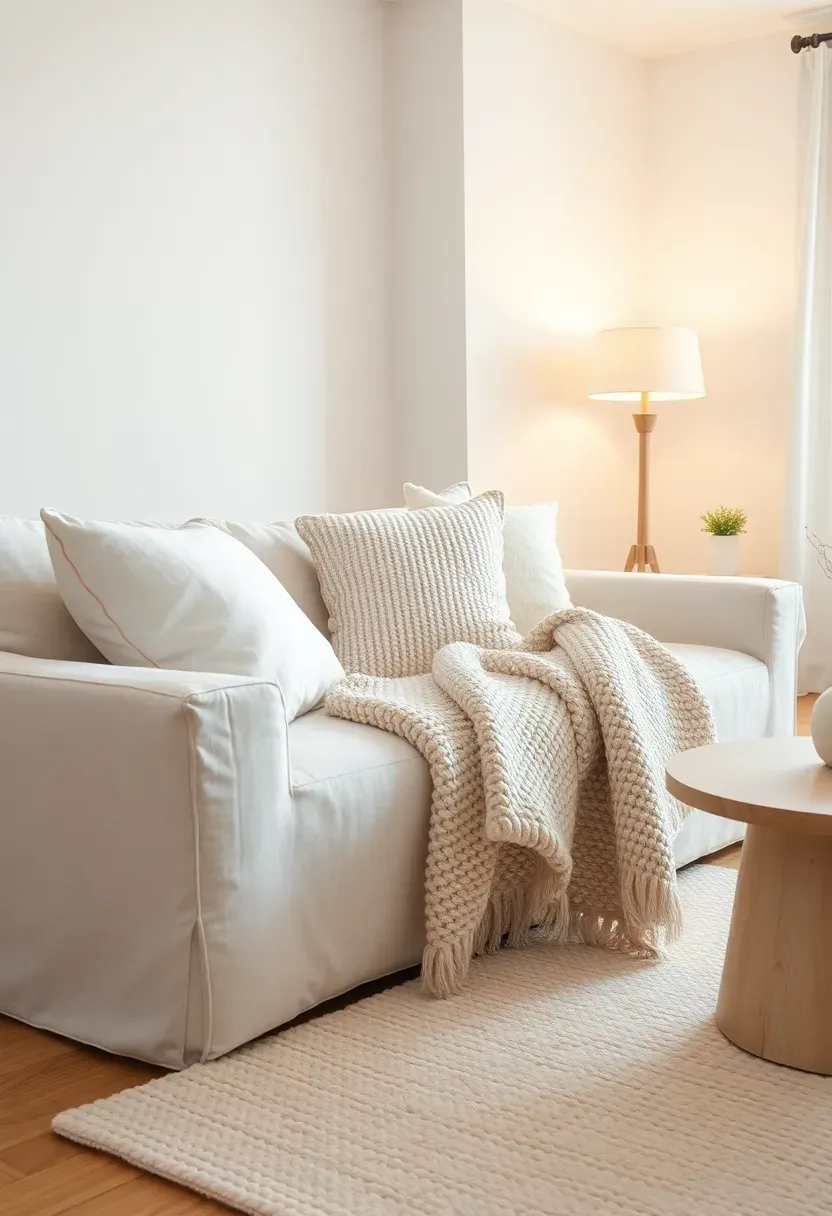 Hyper-realistic 3/4 view of a cozy Scandinavian living room corner. Cream linen sofa with white and beige textured pillows, chunky knit throw blanket draped over arm. Off-white wool rug with subtle weave pattern. Light beige walls, white ceiling. Round wooden side table with ceramic vase. Warm ambient lighting from floor lamp. Materials: natural linen, merino wool, light oak, matte ceramic. Soft golden hour light streaming through window, tranquil mood. Sharp details on fabric textures, visible room context, no text, no logos.</p>