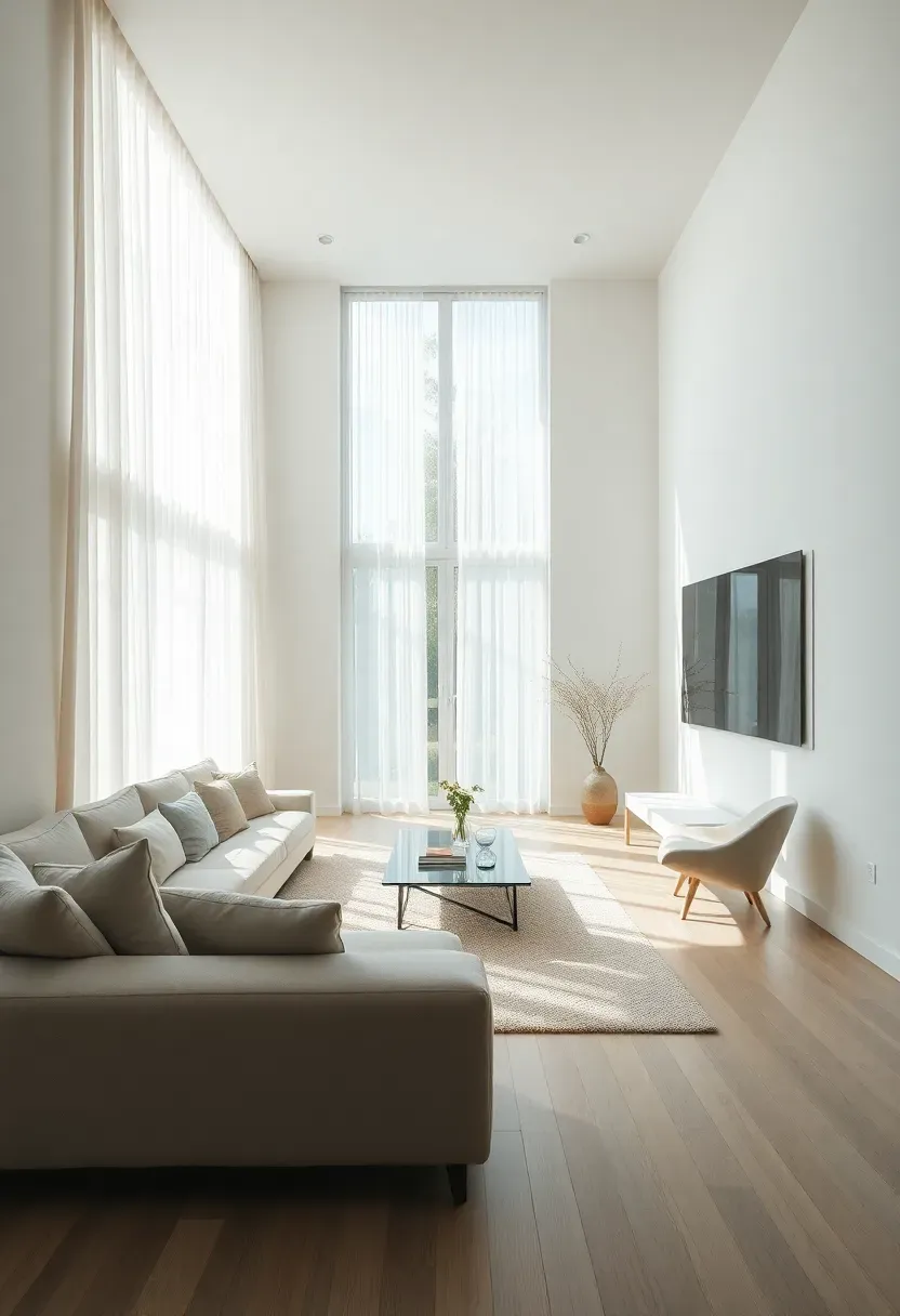 Hyper-realistic wide shot of minimalist living room optimized for natural light with multiple window sources. Materials: large floor-to-ceiling windows with sheer white curtains, light wood floor reflecting sunlight, white walls amplifying brightness, mirrors opposite windows doubling light. Natural light from multiple angles creating bright, airy atmosphere. Minimal furniture with low profiles that don't block light paths. Visible room context showing light layers and shadows. Sharp focus on light quality and space brightness. No text, no logos, no watermarks.</p>