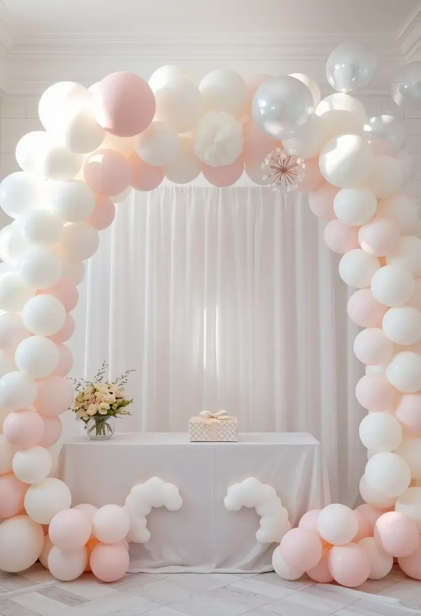 cloud nine baby shower with white balloon arch soft blue accents and dreamy decorations