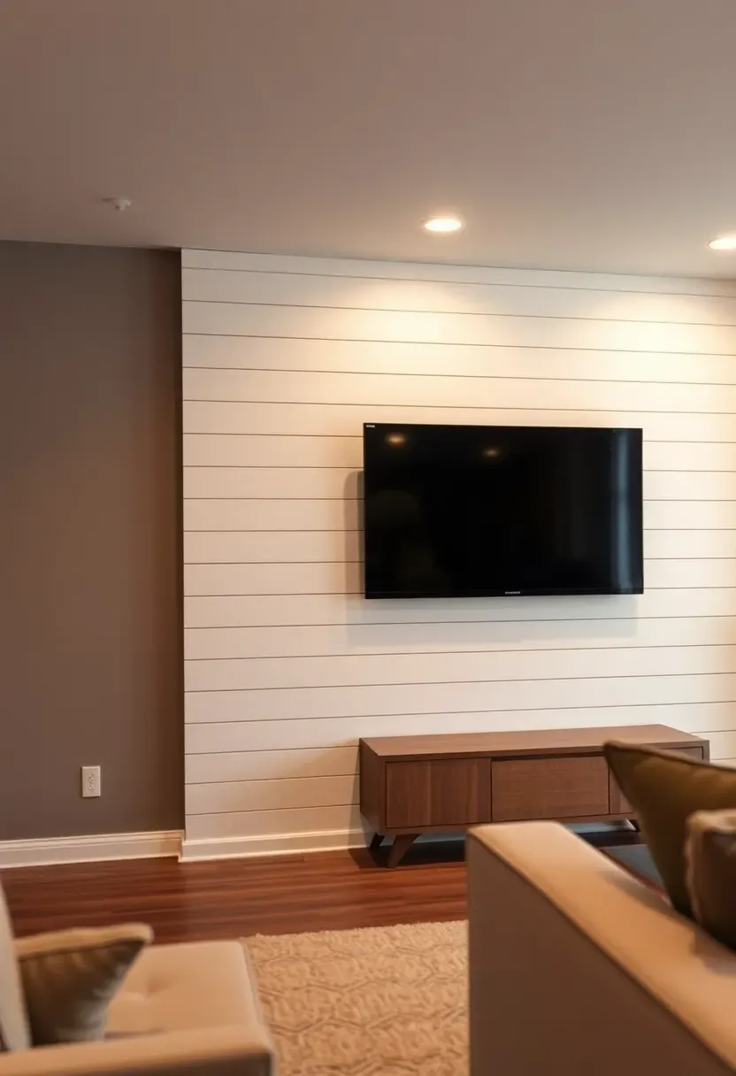 white shiplap accent wall behind a mounted TV in a basement family room