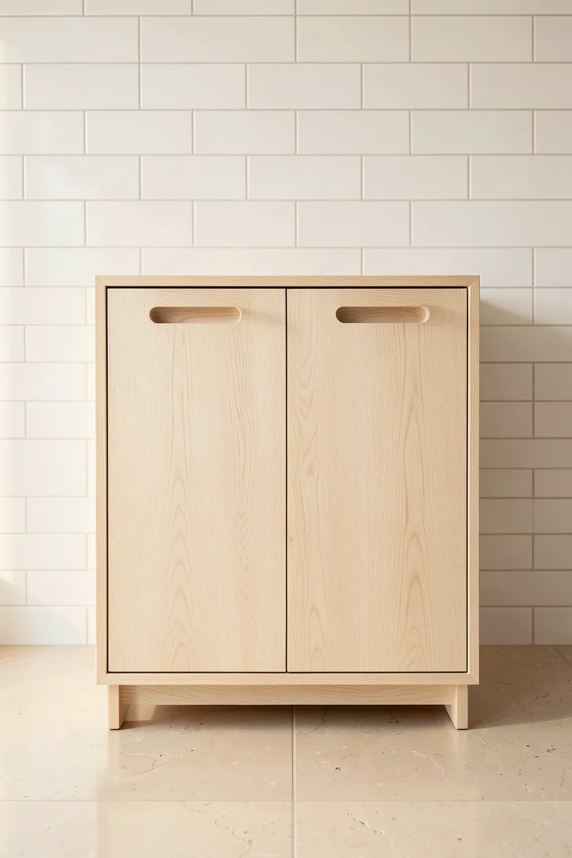 Freestanding light oak storage cabinet with push-to-open doors in a japandi bathroom — clean lines, concealed storage