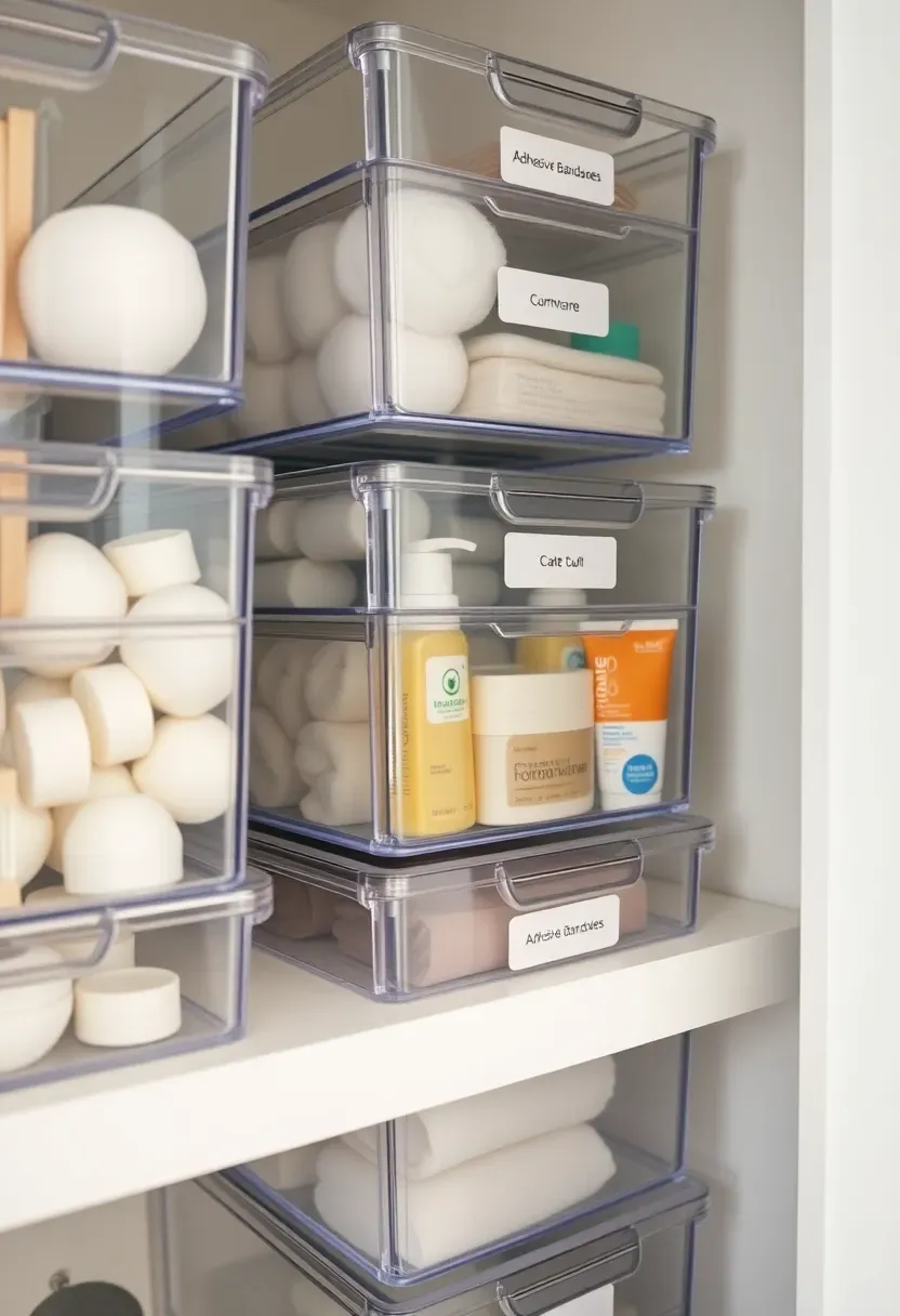 Linen closet shelf with clear acrylic bins holding sorted toiletries, cotton balls, sunscreen, and bandages visible through transparent walls