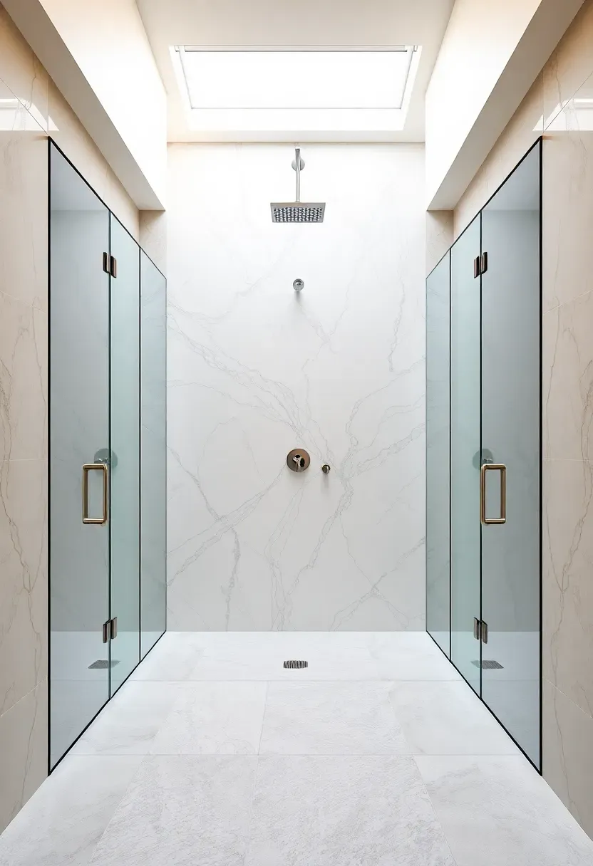 Walk-through shower with two glass entries flanking a tile feature wall in a primary bathroom suite