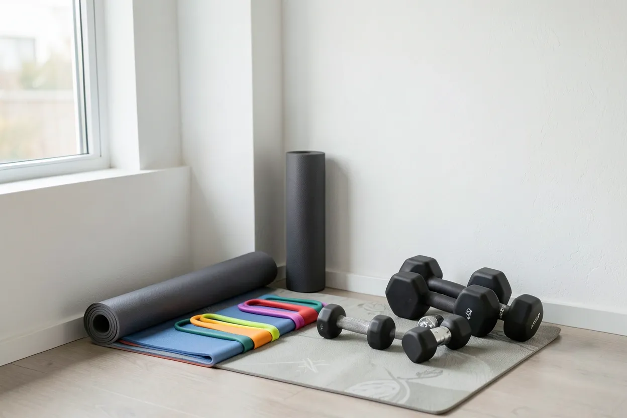 Compact mini home gym corner in a small apartment with resistance bands, yoga mat, and adjustable dumbbells on a freestanding rack — budget-friendly renter setup