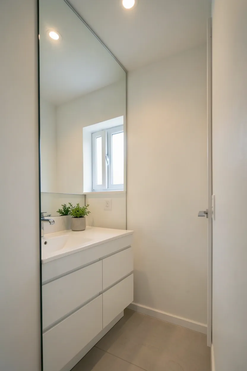 Frameless floor-to-ceiling mirror leaning against a rental bathroom wall, visually doubling the space in a small narrow bathroom