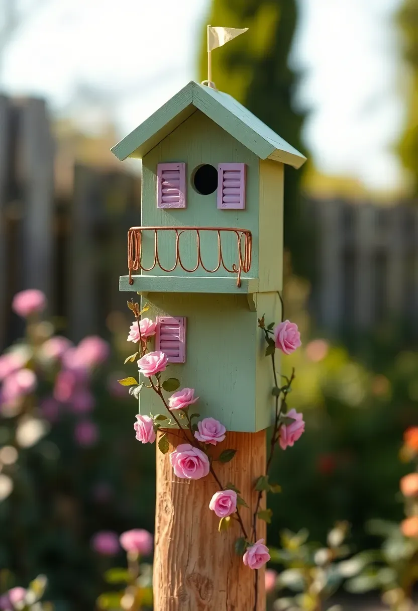 A tall birdhouse mounted on a post redesigned as a fairy tower with painted shutters, a balcony railing made from twigs, and climbing miniature roses at the base