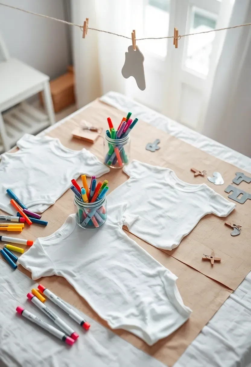 diy onesie decorating station at baby shower with fabric markers and plain white onesies