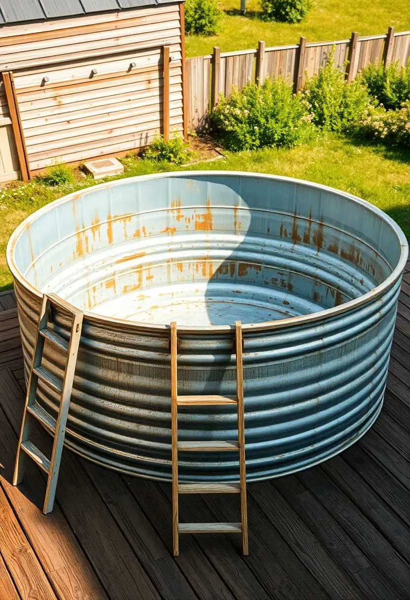 Galvanized stock tank pool with wooden deck surround in rustic backyard setting