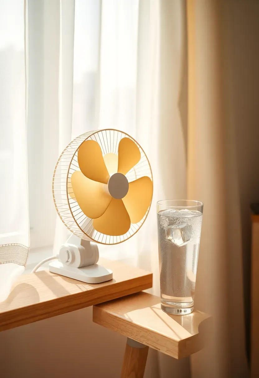 Small clip-on personal fan with a bamboo blade design attached to a side table in a sun-filled apartment sunroom, sheer curtains billowing gently from the airflow, a glass of iced water nearby