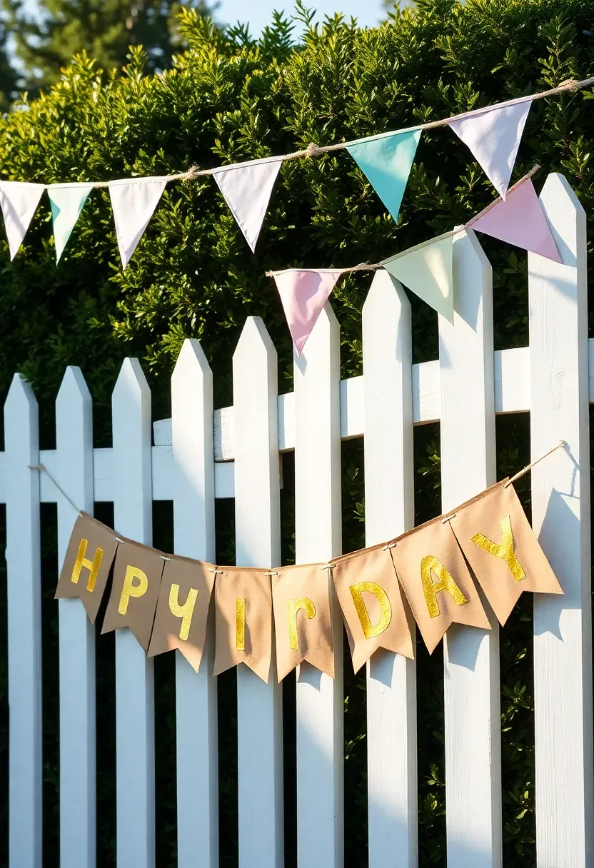 Custom birthday banner and fabric bunting in pastel colors strung across a backyard fence with the name of the birthday girl