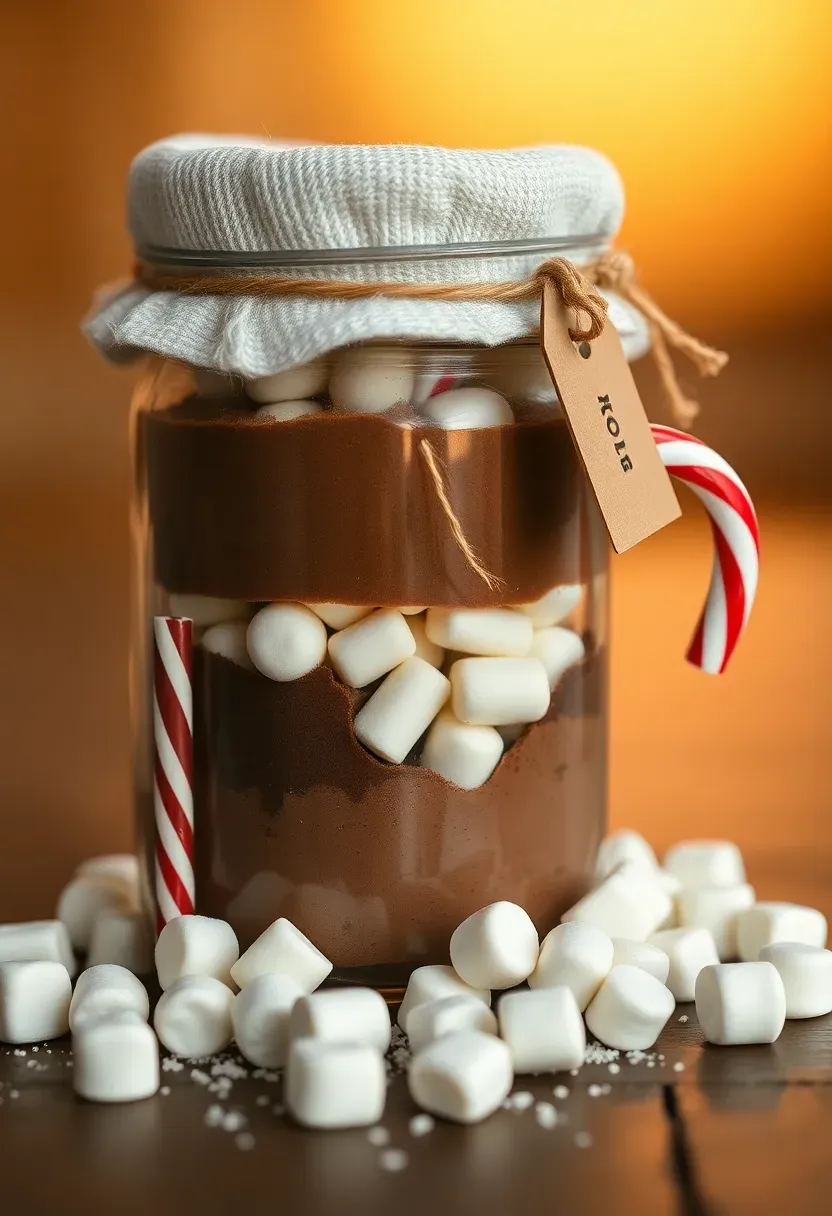 gourmet hot chocolate kit in a mason jar with cocoa powder marshmallows and a candy cane tied with twine and a handwritten tag