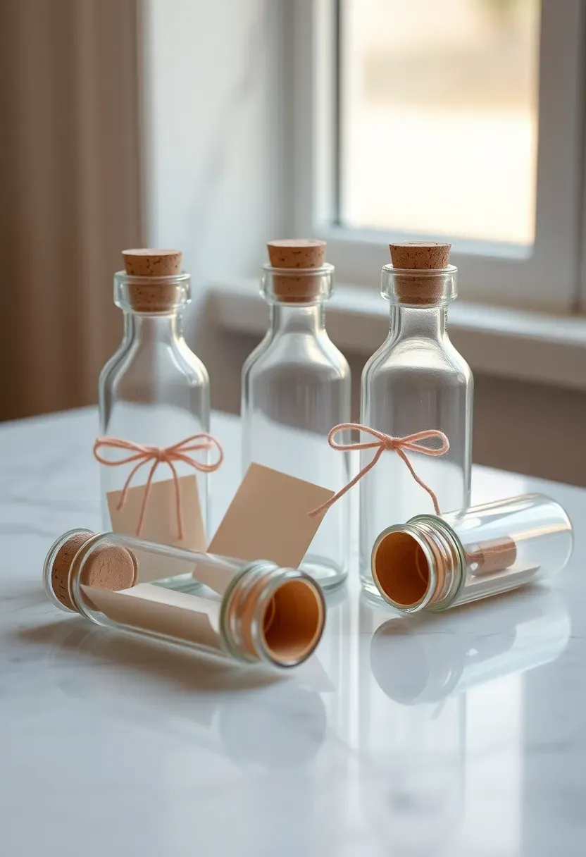 baby shower message in a bottle station with small glass bottles ribbon cork stoppers and rolled note cards beside a sign asking guests to write a message for baby to open later