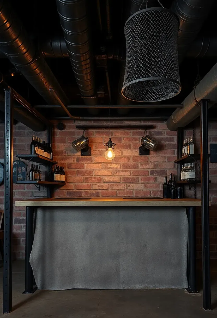 Industrial basement bar with black steel frame, raw steel shelving brackets, concrete countertop, and exposed ceiling ductwork painted matte black