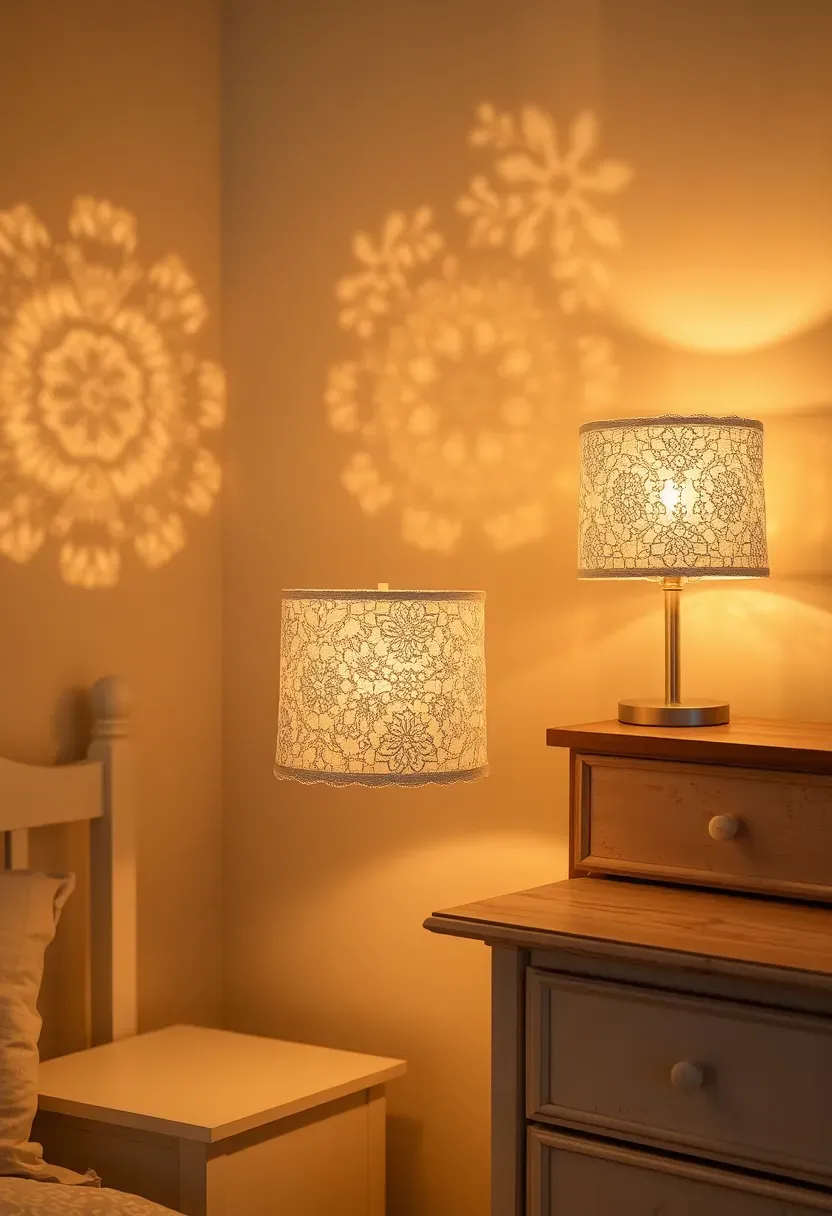 vintage lace lampshades in different sizes on side table and shelf in soft-lit nursery