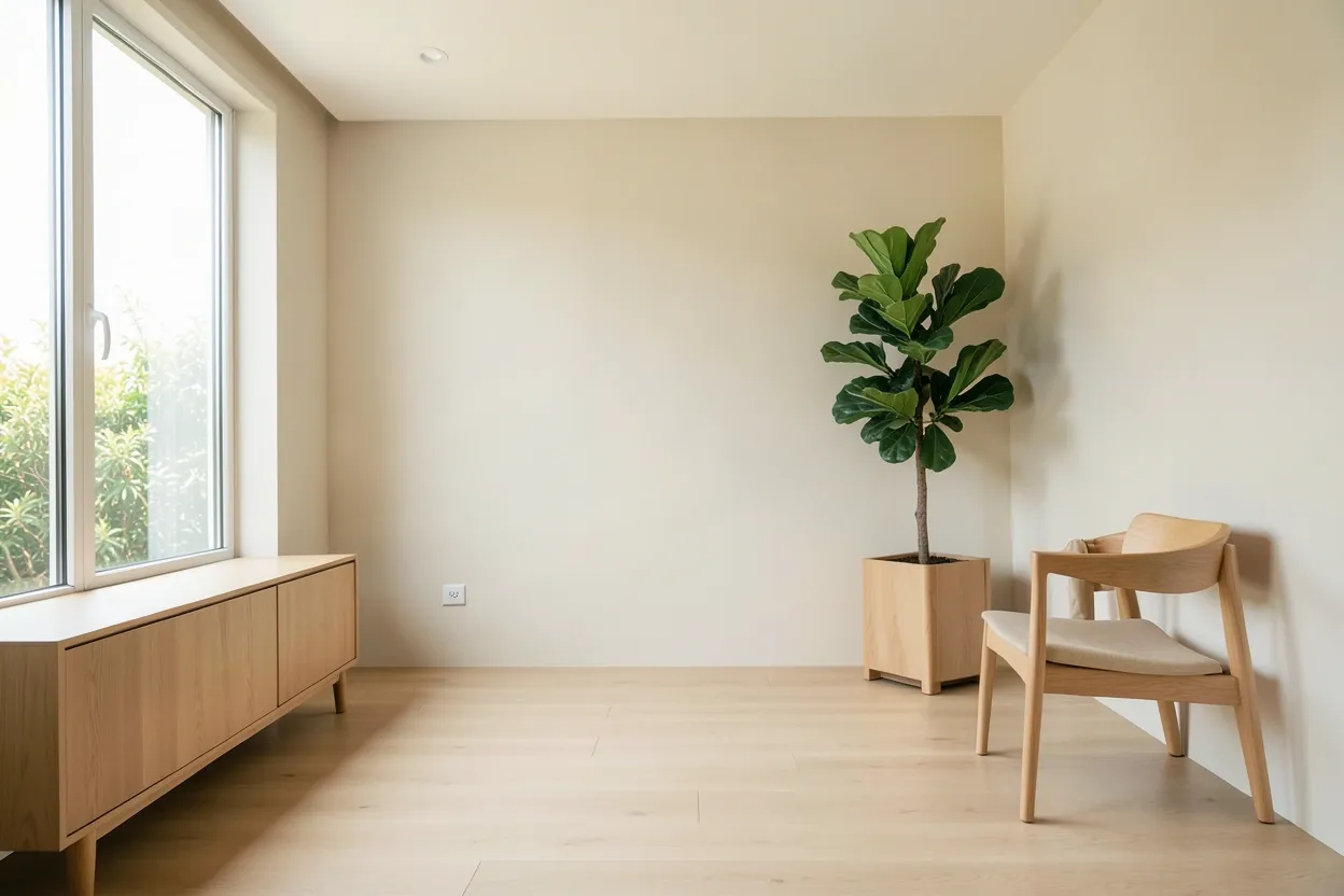 Natural minimalism interior design living room with light oak furniture, warm neutral walls, linen textiles, and potted plants — renter-friendly organic decor inspiration