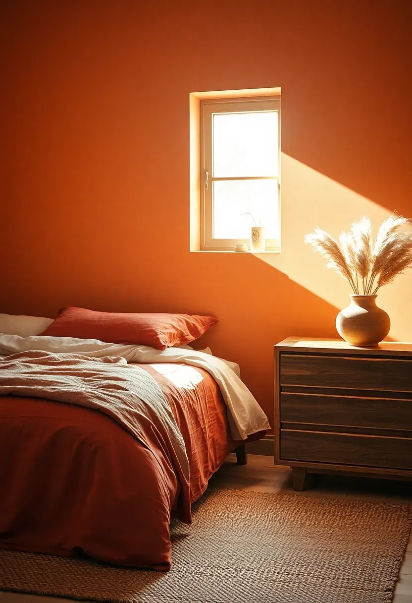 warm adult bedroom with terracotta painted walls rust and cream bedding a woven jute rug and dried pampas grass in a clay vase