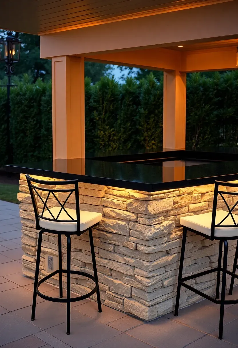 L-shaped outdoor bar with stone veneer base, granite countertop, cushioned bar stools, under-counter lighting, and a garden patio setting at twilight