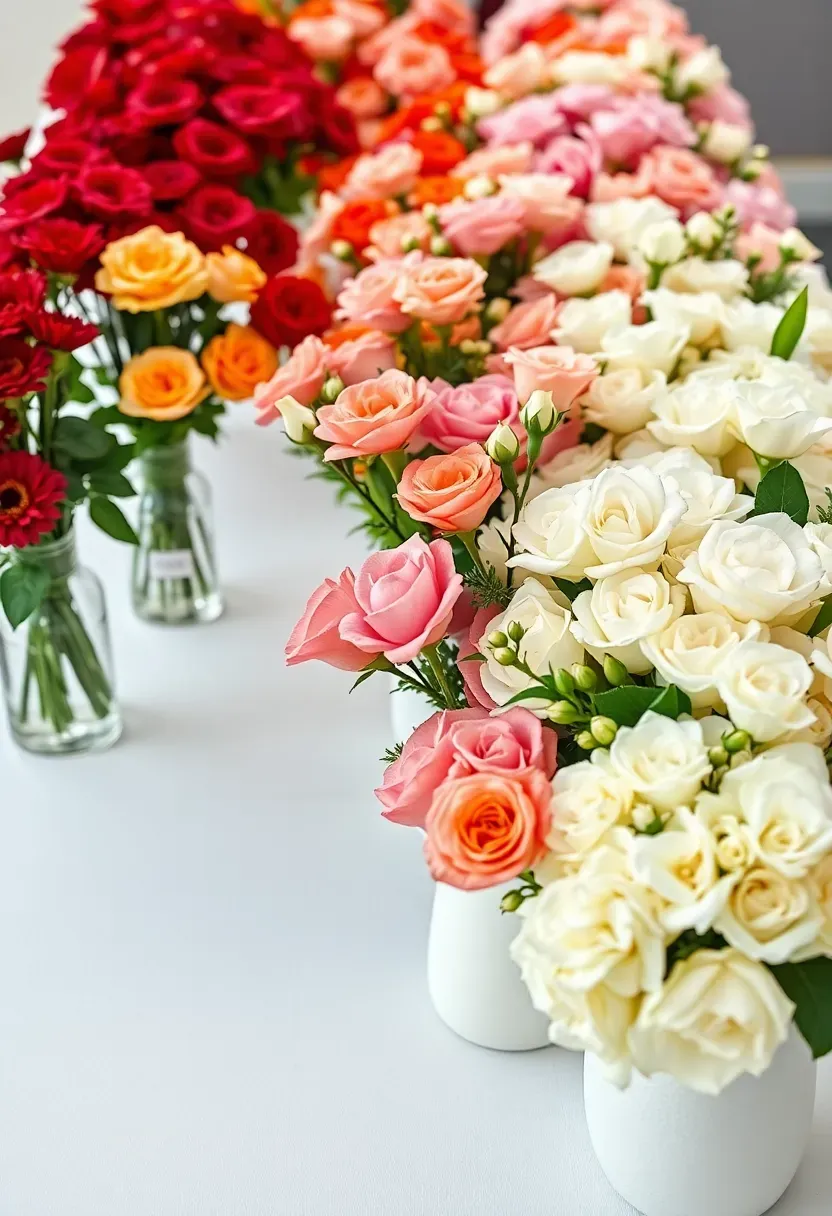 Color-coded flower bar stations with separate sections for red, orange, yellow, pink, and white flowers in matching colored vessels