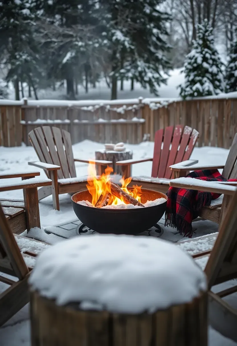 Snow-covered backyard fire pit scene with cast iron fire bowl, snow-dusted Adirondack chairs, and a plaid wool blanket in winter