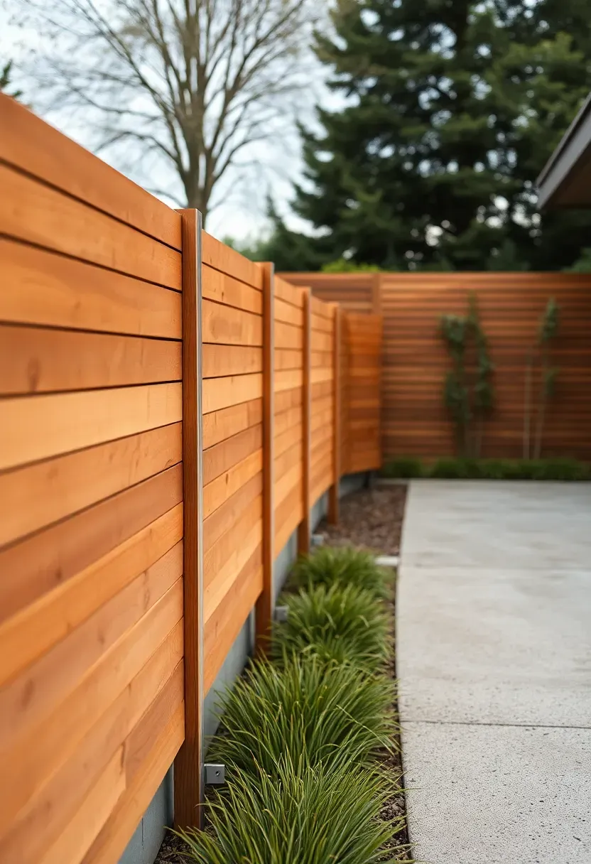 Modern horizontal cedar slat fence with even spacing between boards in a contemporary backyard with concrete patio