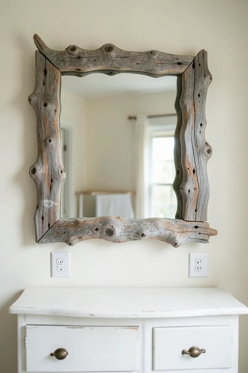 Hyper-realistic eye-level photograph of large rectangular mirror with driftwood frame mounted on rustic bedroom wall. Weathered driftwood pieces in various natural gray and brown tones forming frame, visible room reflection, white dresser below, cream walls, natural light. Materials: natural driftwood pieces with unique shapes and textures, mirror glass, white painted wood dresser. Natural ambient light, unique rustic atmosphere. Shallow depth of field, sharp details on driftwood texture and shapes, balanced composition showing mirror and room. No text, no logos, no watermarks.</p>