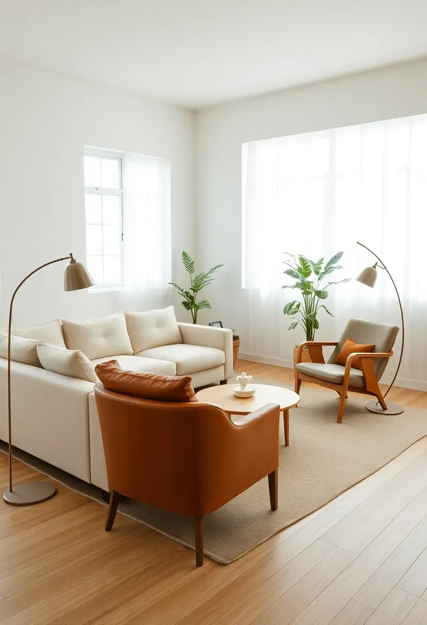 Hyper-realistic wide view of minimalist Japandi living room with asymmetric furniture arrangement: cream sectional placed off-center to left, single tan leather armchair on right, floor lamp with arc base balancing potted plant in corner, low wooden coffee table offset from sofa center. Materials: cream linen upholstery, tan leather with visible grain, metal lamp finish, light oak wood, green plant leaves. Soft diffused natural light from multiple windows, varied shadow lengths. Dynamic yet calm mood. Sharp focus on furniture placement, wide composition showing full room context. No text, no logos, no watermarks.</p>