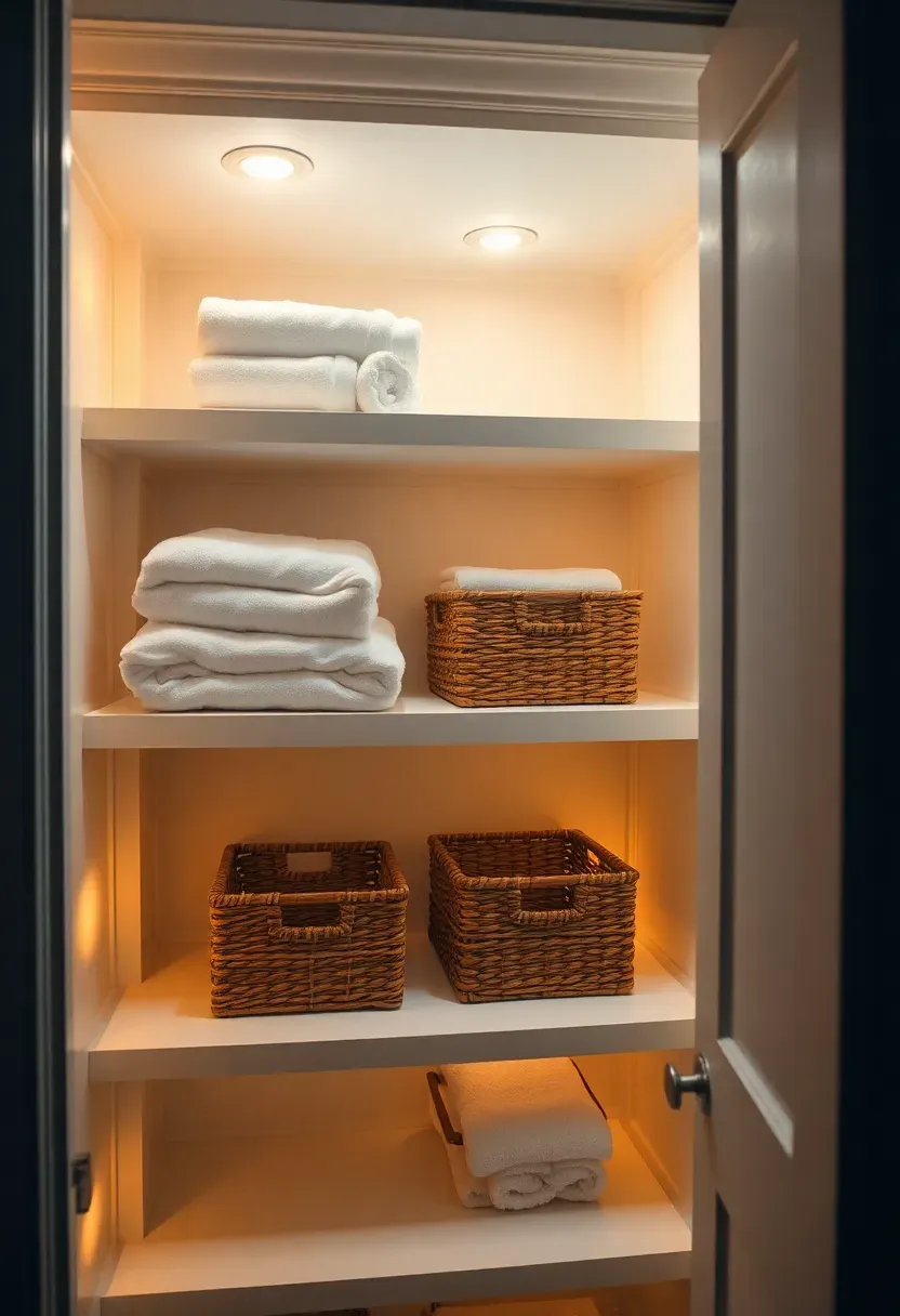 Bathroom linen closet interior glowing with motion-sensor LED puck lights illuminating folded towels and shelves at night