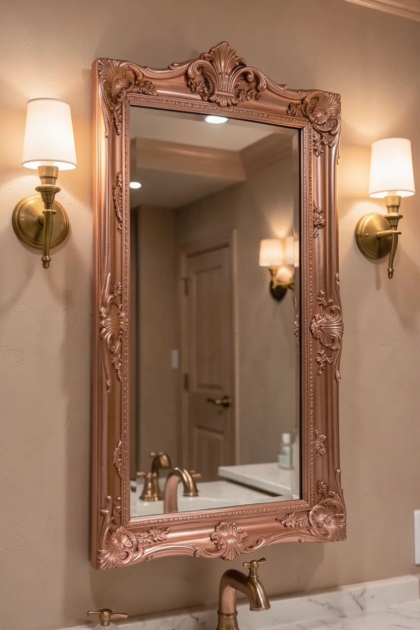 Rose gold framed bathroom mirror above vanity catching warm light, subtle metallic pink accent adding luxury without bold color