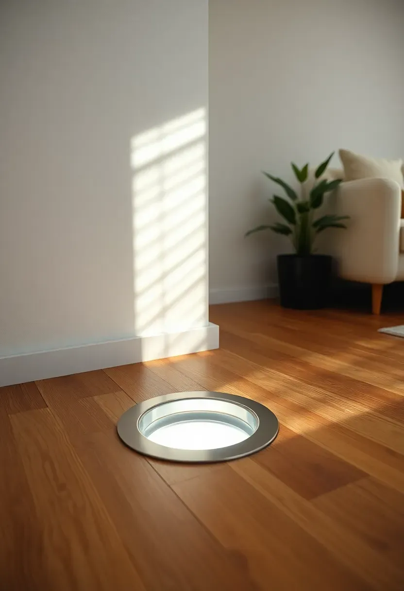 Hyper-realistic 3/4 view of minimalist living room floor showing recessed floor uplight flush with light oak wood flooring surface near wall. Stainless steel or brushed nickel trim ring visible. Light casting upward grazing textured white wall creating dramatic shadow patterns and emphasizing wall texture. Potted plant nearby creating silhouette effect. Cream sofa in background. Materials: oak wood flooring, metal recessed fixture, LED uplight. Dramatic vertical illumination. Shallow depth of field, sharp details on floor integration and light effect on wall. No text, no logos, no watermarks.</p>