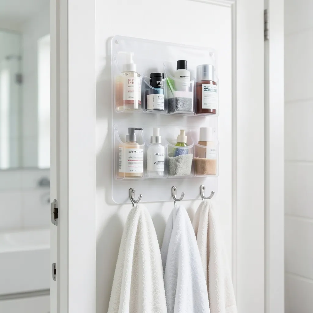 Over-the-door bathroom organizer with clear pockets and hooks