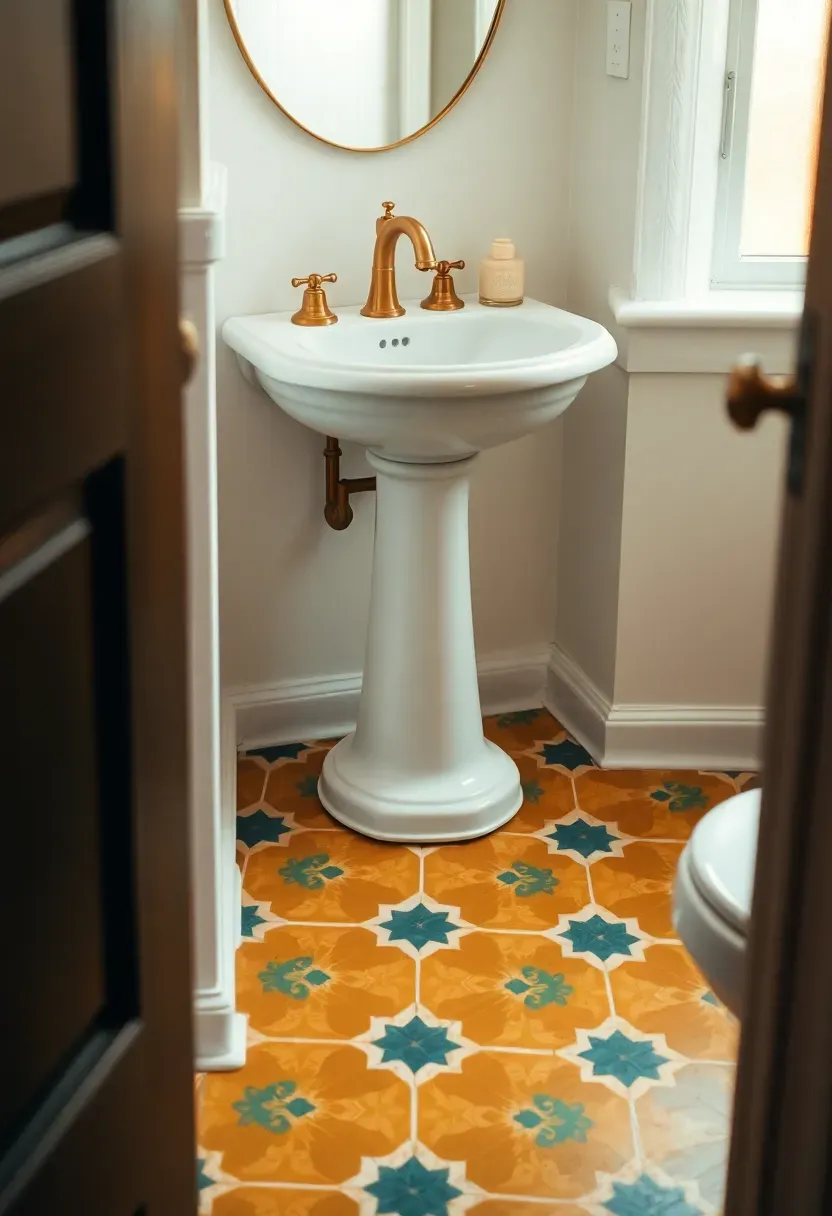 Bold geometric encaustic tile bathroom floor in mustard, teal, and cream pattern with white walls