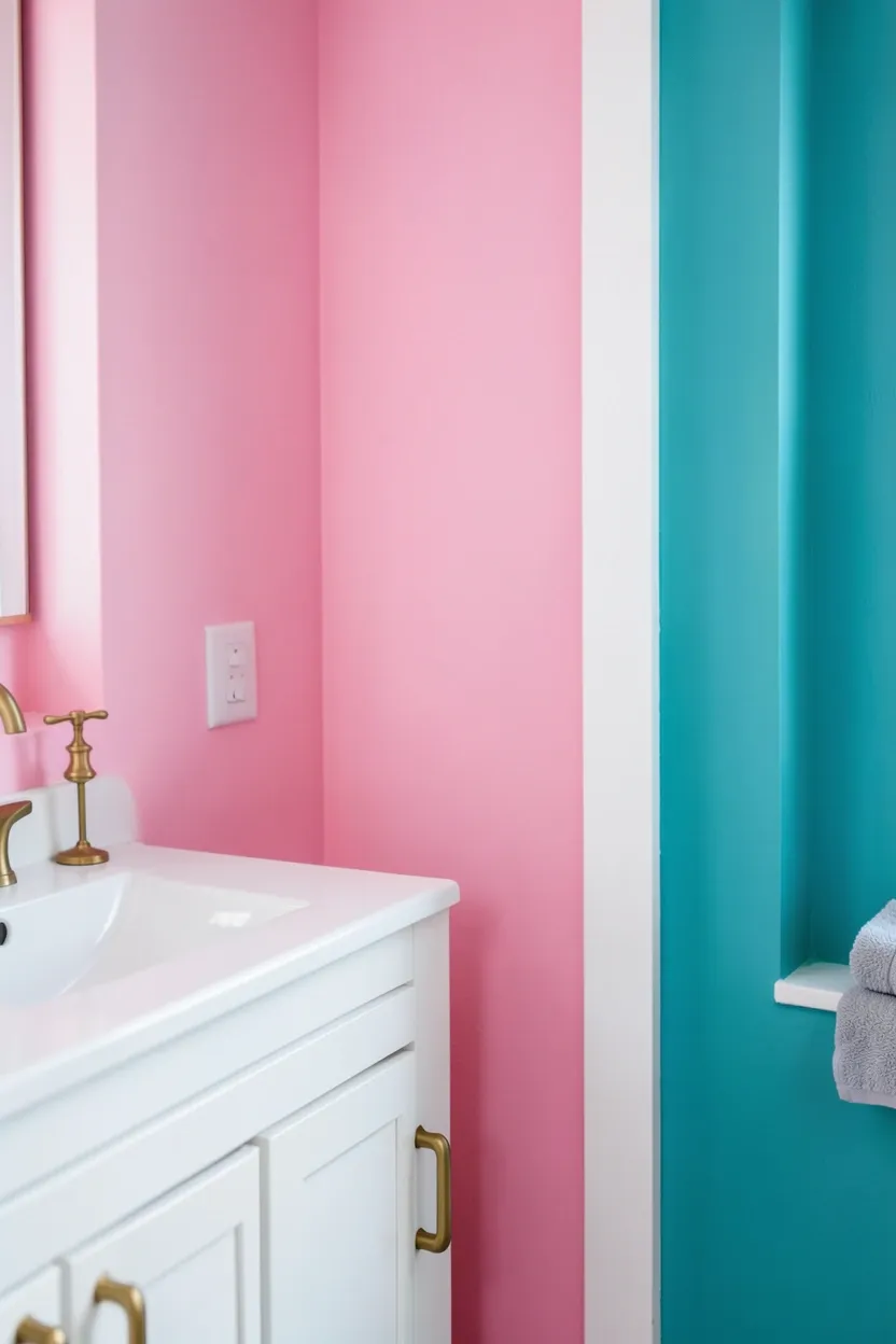 Bold Toca Boca bathroom with bubblegum pink and teal color-block walls, white vanity and gold accents