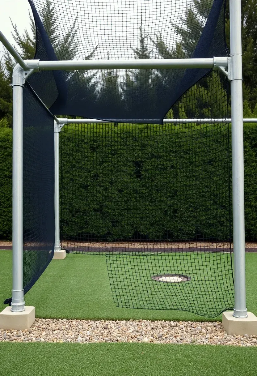 permanent steel pipe batting cage frame anchored in concrete backyard