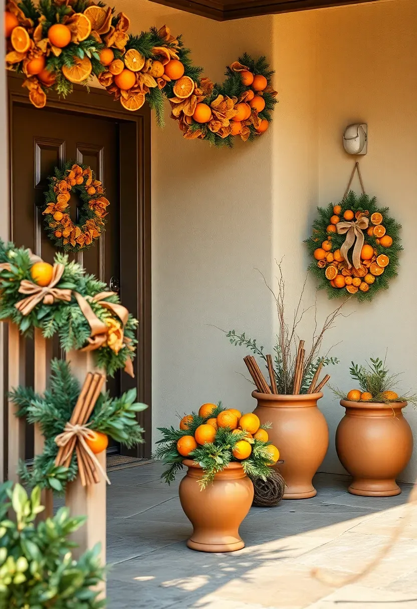 Hyper-realistic 3/4 view of a dried orange and cinnamon front porch Christmas display. Materials: garlands of dried orange slices draped across porch railings, cinnamon stick bundles tied with jute ribbon, fresh pine and eucalyptus swags, terra-cotta planters filled with dried oranges, cinnamon sticks, and fresh greenery, coordinating wreath on front door featuring dried citrus. Warm morning sunlight (4400K), natural stone porch floor, cream stucco house exterior with dark wood trim. Natural aromatic mood like手工制作 holiday craft. Shallow depth of field, sharp details on dried orange textures and cinnamon bark, organic warm-toned composition. No text, no logos, no watermarks.</p>