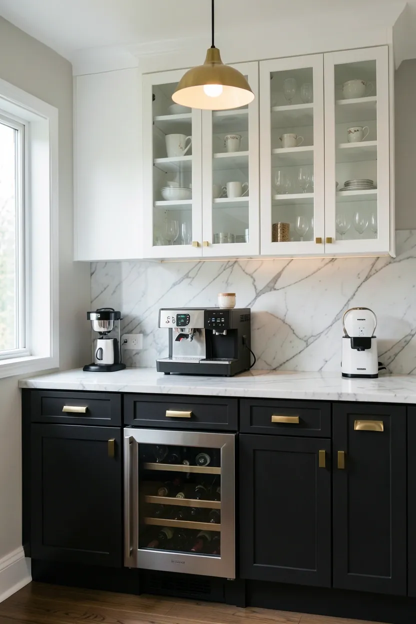 Luxury kitchen coffee and beverage station with built-in espresso machine, marble countertop, glass-front cabinet for mugs, and integrated wine refrigerator below