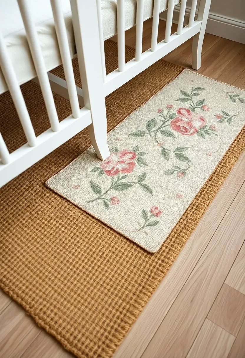 layered vintage rugs in muted floral patterns on nursery floor beside white crib