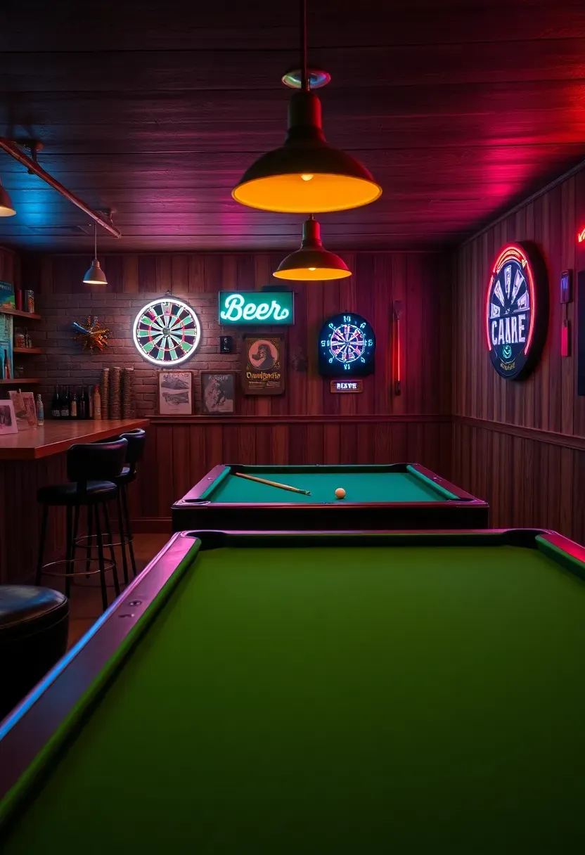 Basement game room with bar along one wall, pool table in the center, dartboard area, and neon beer signs