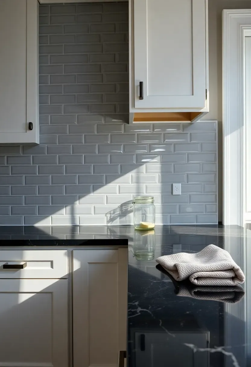 gray glazed ceramic subway tile backsplash with white painted cabinets and black granite countertop in a transitional kitchen