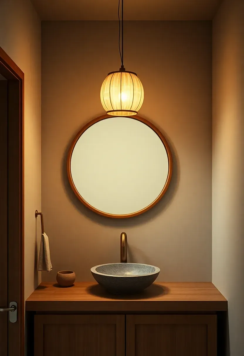 Single rice-paper lantern pendant above a wood-framed round mirror in a Japandi bathroom with stone basin and natural plaster walls