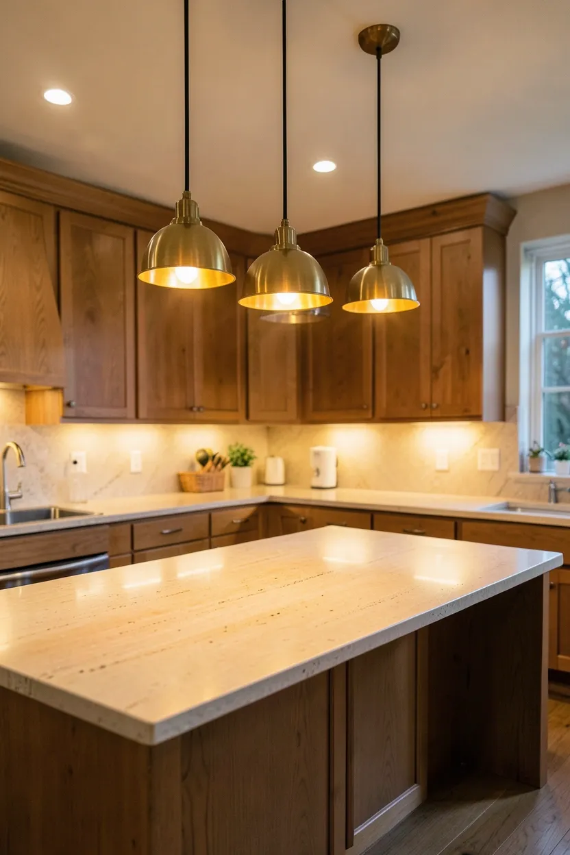 Hyper-realistic eye-level photograph of a kitchen with warm-toned pendant lighting cluster. Five warm brass pendant lights hang in deliberate cluster over large kitchen island. Lights vary slightly in height and spacing for visual interest. Island in light oak with honed travertine countertop. Upper cabinets in warm walnut surround the island. Warm-toned bulbs within brass fixtures create golden autumnal glow. Warm ambient lighting from multiple sources creates layered illumination. Shadows and light reflections on island surface. Clean, organized appearance. No text, no logos, no watermarks.</p>